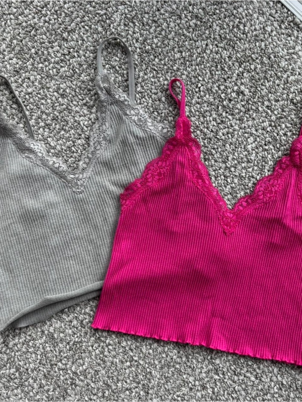 Two Forever 21 Hot Pink Lace-Trim Ribbed Cami’s